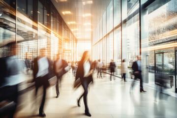 Office Space Commercial Background, Modern Interior, Blurred People Walking, Professional Workspace, Corporate Team, Daylight Setting, Business Environment, Lounge, Lobby, Generative AI.