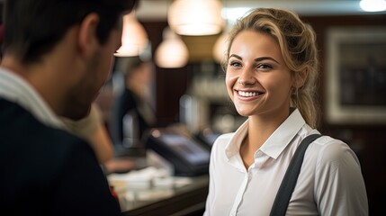 Smiling, young and attractive saleswoman talking to a businessman. - obrazy, fototapety, plakaty