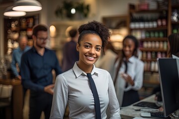 Smiling, young and attractive saleswoman,