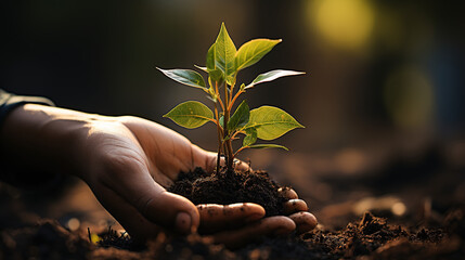 Seedlings are growing in nursery bags. As the hands of the old woman and the hands of the young man were about to be planted in the fertile ground,