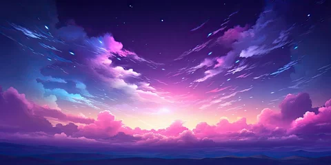 Fototapeten Surreal cosmic landscape with colorful night sky. Abstract night sky with dreamy moon and stars. Bright skyline at dusk. Nature masterpiece. Magical universe. Mystical clouds © Bussakon