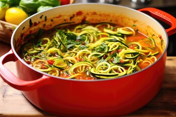 zoodles simmering in a red pot with seasonings