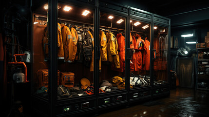 Equipment for rescue services Steel cabinet with rescue tools Special equipment for firefighters Open the steel cabinet with life-saving equipment.