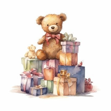 Watercolor teddy bear with a pile of wrapped presents, single, white background. AI generated