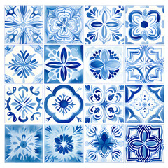 Rustic blue tile watercolor seamless pattern. Pattern of azulejos tiles 