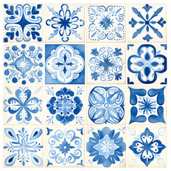 Rustic blue tile watercolor seamless pattern. Pattern of azulejos tiles  - obrazy, fototapety, plakaty