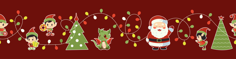 Christmas seamless stripe pattern on a red background. Santa Claus with elves, dragon, Christmas trees, garland.