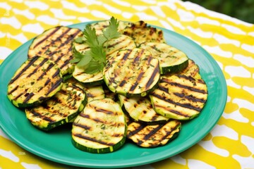 zucchini slices with grill marks, tossed on leaf-patterned fabric