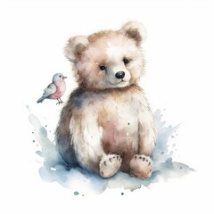 Watercolor teddy bear with a fluffy white snow owl on its shoulder, white background. AI generated