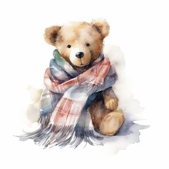 Watercolor teddy bear with a warm quilted blanket, single, white background. AI generated