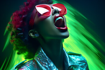 Portrait of  Fashion woman with neon costume and glasses in style of retro futurism, colorful...
