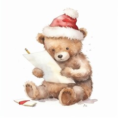 Fototapeta premium Watercolor teddy bear writing a letter to Santa Claus, white background. AI generated
