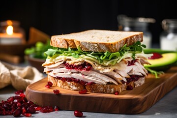 sandwich with light pouring onto turkey and cranberry - obrazy, fototapety, plakaty