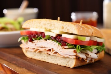a sub sandwich filled with turkey and cranberry