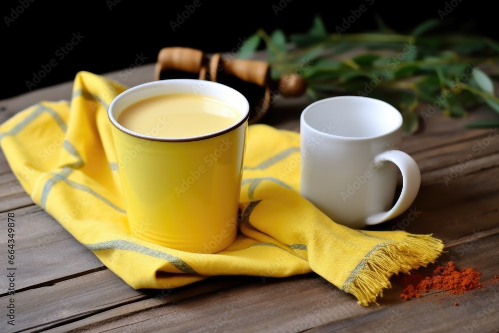 Sticker turmeric latte in pot next to cloth napkin on stained wood table