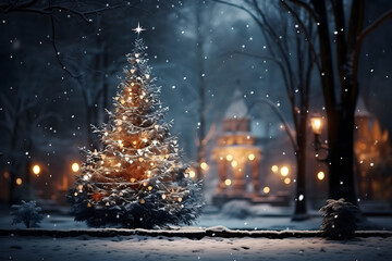 Fototapeta premium christmas tree decorations, santa claus with gifts, snowman in the snow, christmas gift boxes