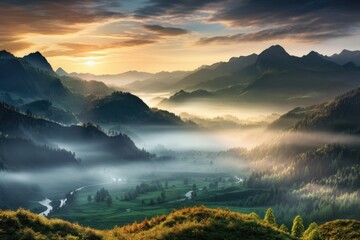 misty mountain landscape during sunrise