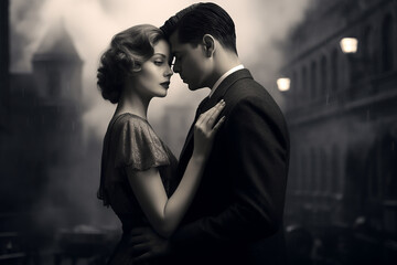 A couple from the 1920s against the background of a city, black and white