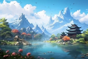Schilderijen op glas A landscape from ancient China, illustration © frimufilms