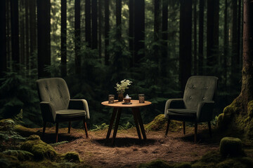 Fototapeta na wymiar Two chairs and a table in the forest