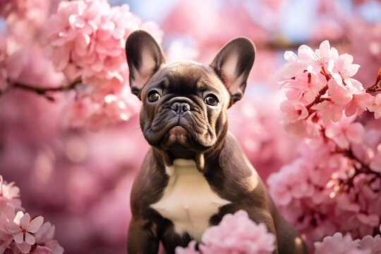 A bulldog among cherry blossoms