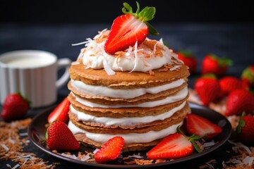 vegan pancakes topped with coconut cream and fresh strawberries
