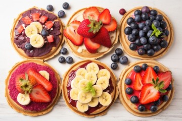 Fototapeta na wymiar grid of vegan pancakes topped with various fruits: strawberry, blueberry, banana