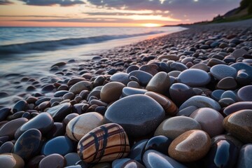 Fototapeta premium waves gently a pile of smooth, rounded stones on the beach