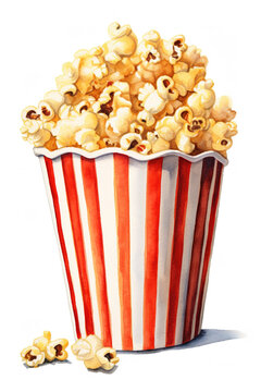 Popcorn backet, watercolor illustration, isolated on white background