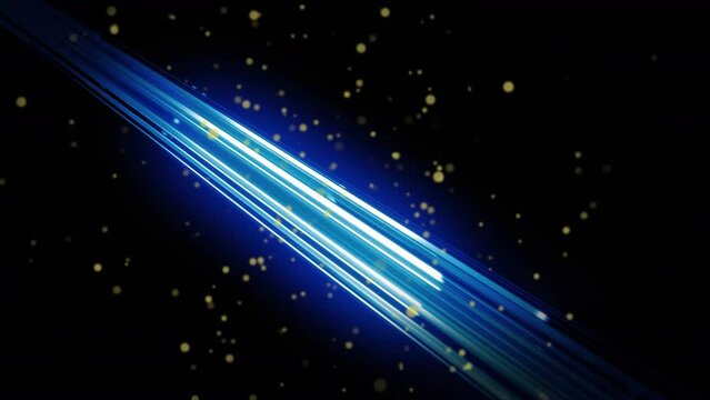 Animation of yellow spots over glowing blue light trails against black background with copy space