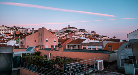 Obraz premium Aerial panoramic sunset view of the old town of Coimbra, Portugal