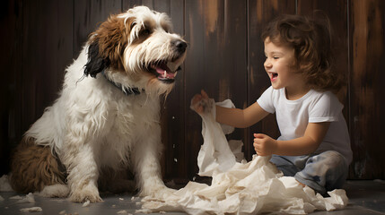 Mischievous boy and dog play with toilet paper rolls - obrazy, fototapety, plakaty