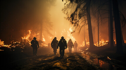 Firefighters team battle a wildfire because climate change and global warming is a driver of global  - obrazy, fototapety, plakaty