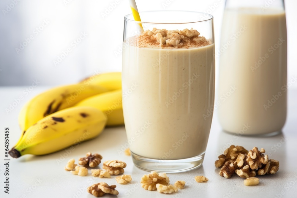 Canvas Prints soft-focus walnut and banana smoothie in the foreground with a blender in the background