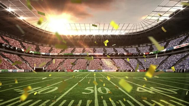 Animation of golden confetti falling against view of rugby stadium