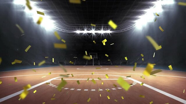 Animation of golden confetti falling against view of basketball court