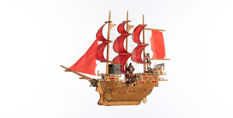 pirate ship with red sails isolated on white background - obrazy, fototapety, plakaty