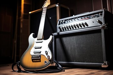 silver toned electric guitar next to an amplifier - obrazy, fototapety, plakaty