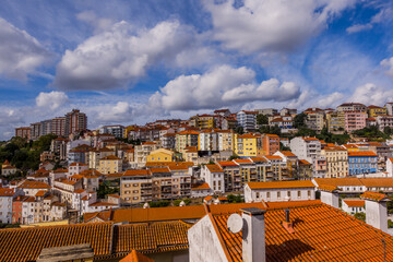 Panoramic view of historic houses in central Coimbra, Portugal 