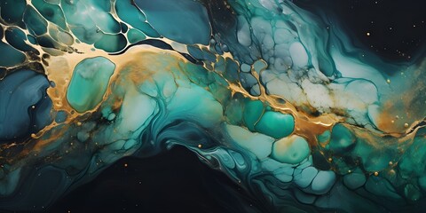 Naklejka na ściany i meble Abstract marble waves painting with crushed gold. Made in fluid art style.