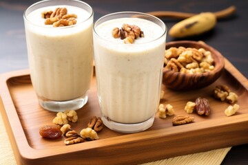 chilled banana walnut smoothie on a wooden tray