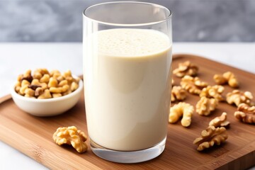 a close shot of a walnut banana smoothie showing texture