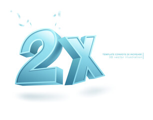 Blue number symbol 2x. 3D vector illustration template. Isolated on white background.