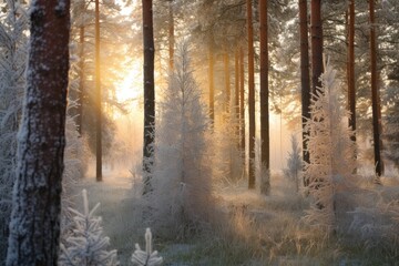 Fototapeta premium pine trees covered in morning frost