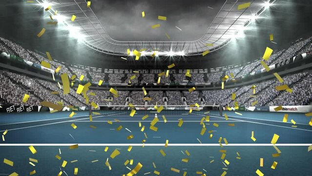 Animation of golden confetti falling against view of tennis court
