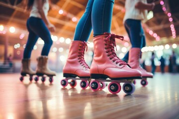 Group of teenagers at roller skating rink. Sport kid hobby activity. Generate Ai - obrazy, fototapety, plakaty