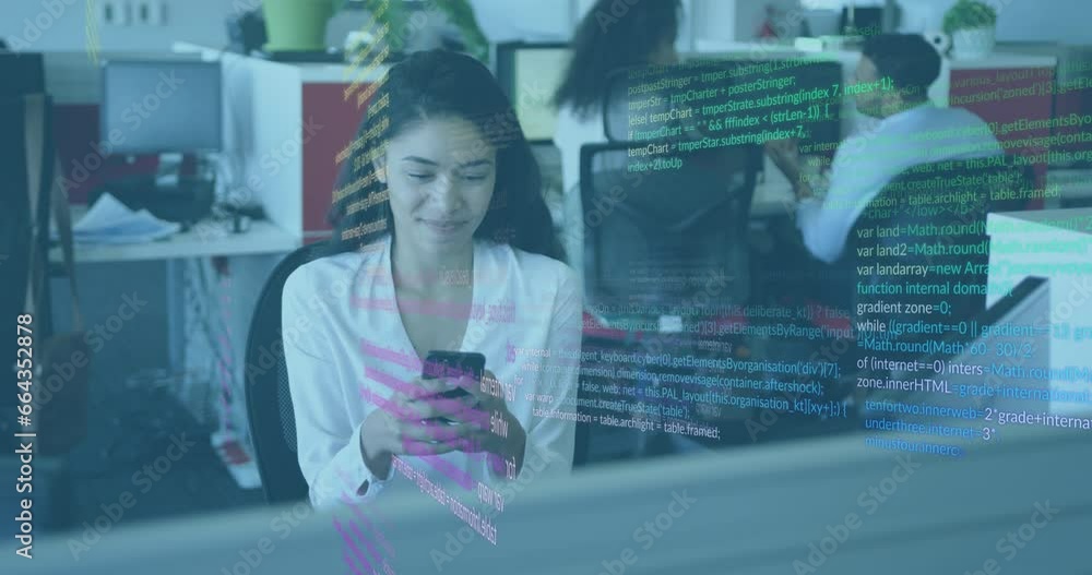 Aufkleber animation of data processing against biracial woman smiling while using smartphone at office
