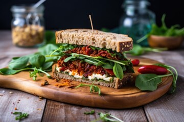 rustic sandwich with vegan cheese and sundried tomatoes - obrazy, fototapety, plakaty