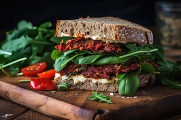 rustic sandwich with vegan cheese and sundried tomatoes - obrazy, fototapety, plakaty