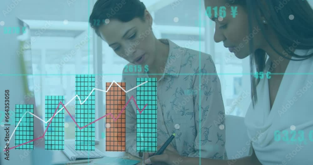 Aufkleber animation of statistical data processing against two diverse women discussing at office